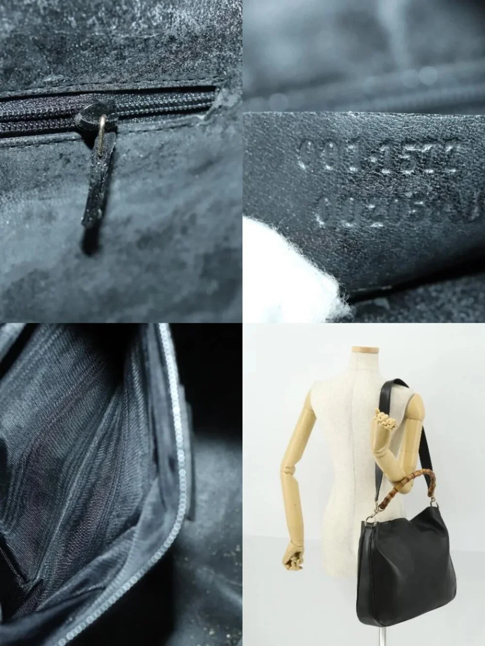 GUCCI Bamboo Shoulder Bag Leather 2way Black Gold 001 1577 Auth 166021